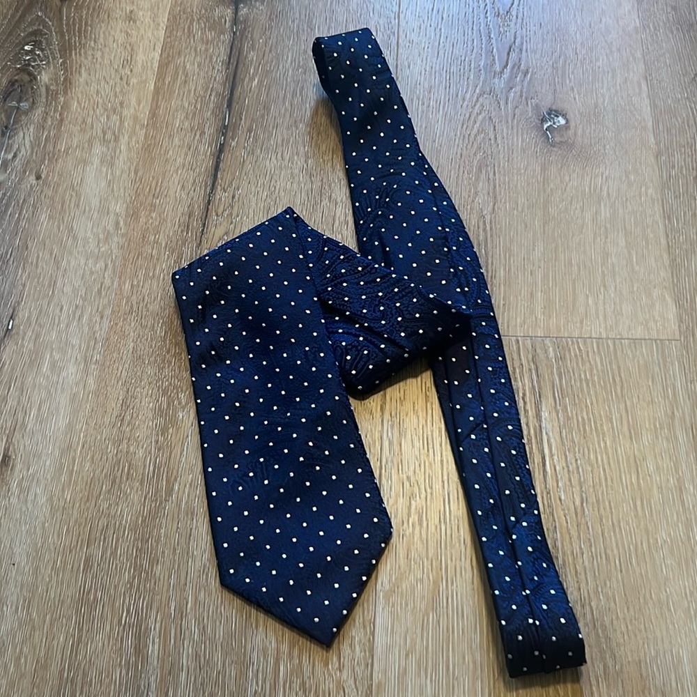 Verse 9 Tie.  Navy with Silver Dots Silk Design